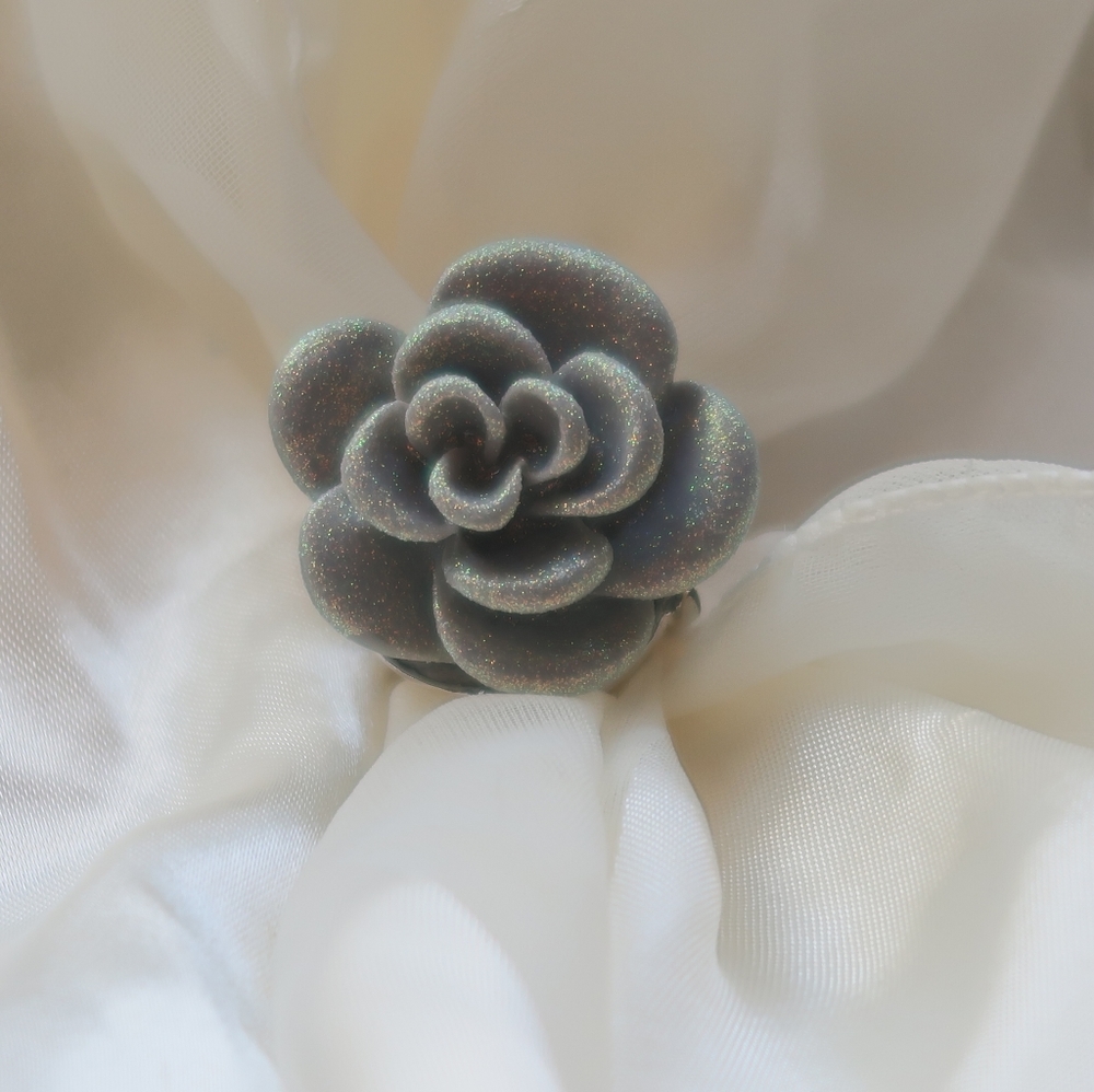 Smokey Gray Glitter Rose Ring